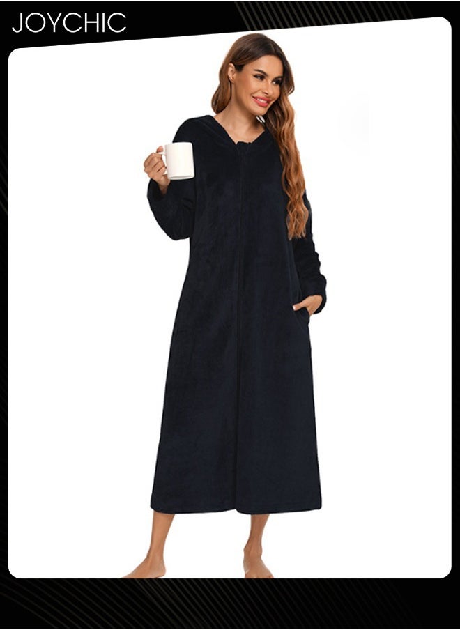 Long-sleeved Autumn and Winter Flannel Warm and Windproof Nightgown Cardigan Women Zipper Long Bedroom Pajamas with Hat and Pockets Black