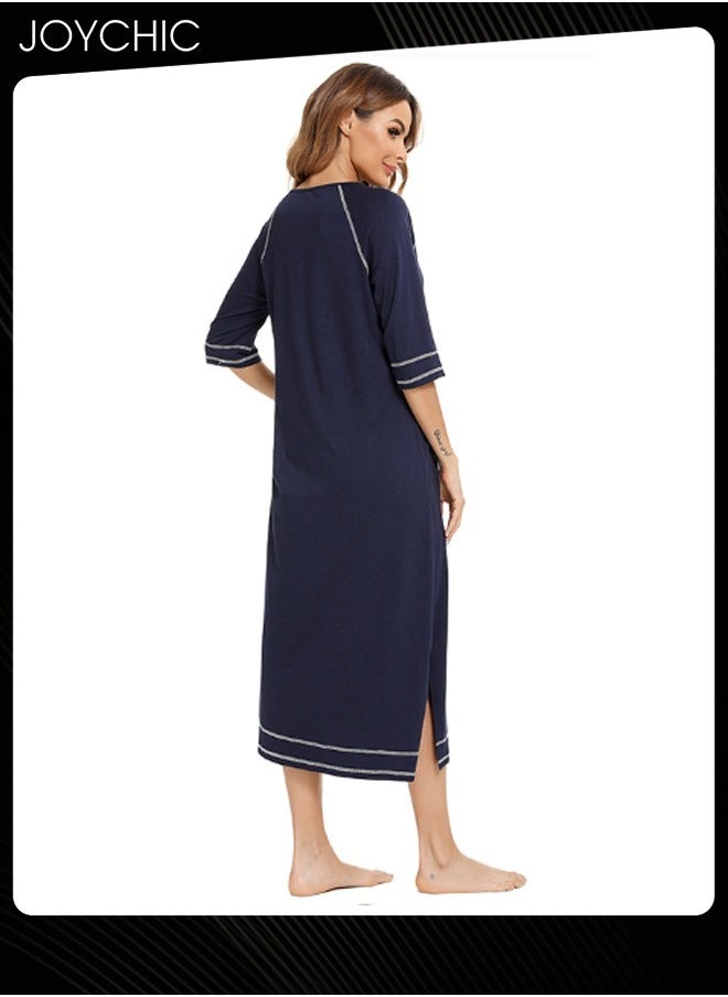 Spring and Summer Solid Color Women Casual Comfortable Home Wear Three-quarter sleeves Maternity Loose Indoor Pajamas Side Slit Deign Zipper Nightgown with Pockets Navy Blue