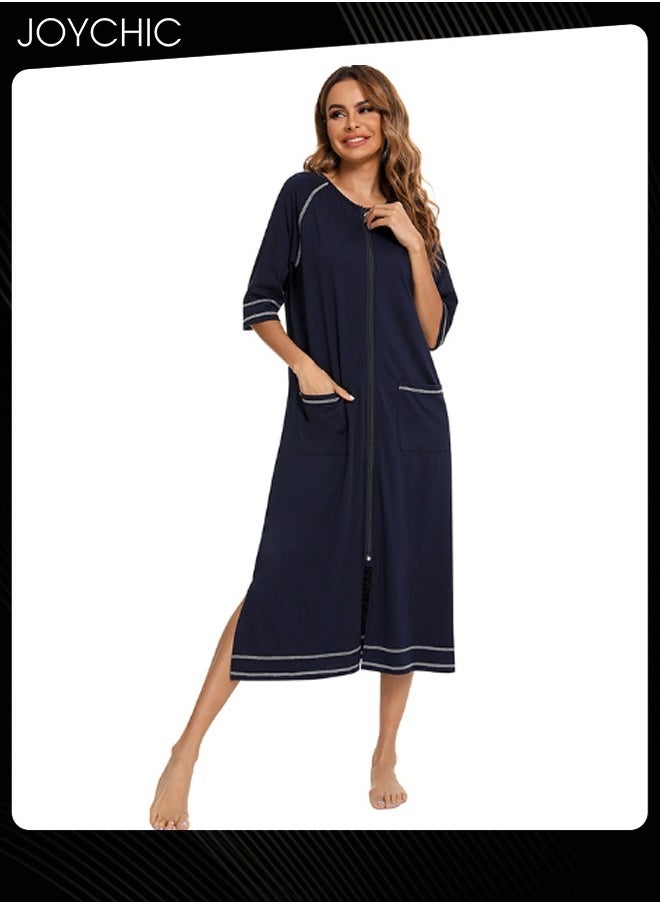 Spring and Summer Solid Color Women Casual Comfortable Home Wear Three-quarter sleeves Maternity Loose Indoor Pajamas Side Slit Deign Zipper Nightgown with Pockets Navy Blue