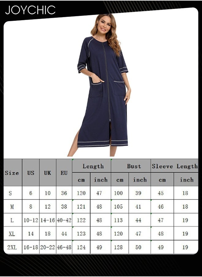 Spring and Summer Solid Color Women Casual Comfortable Home Wear Three-quarter sleeves Maternity Loose Indoor Pajamas Side Slit Deign Zipper Nightgown with Pockets Navy Blue