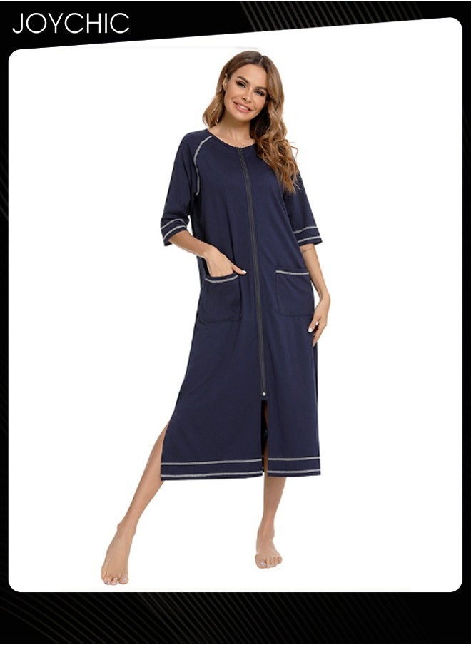 Spring and Summer Solid Color Women Casual Comfortable Home Wear Three-quarter sleeves Maternity Loose Indoor Pajamas Side Slit Deign Zipper Nightgown with Pockets Navy Blue