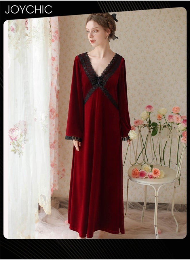 French Style Autumn and Winter Gold Velvet Fairy Sleepwear Thick Warm Pajamas Loose Bell Sleeves Nightgown for Women Wine Red