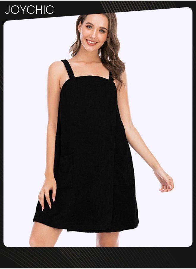 Women Solid Color Polyester Skin-friendly and Absorb- water Bathrobe Massage Stickers Suspenders Nightgown with Pockets for All Seasons Black