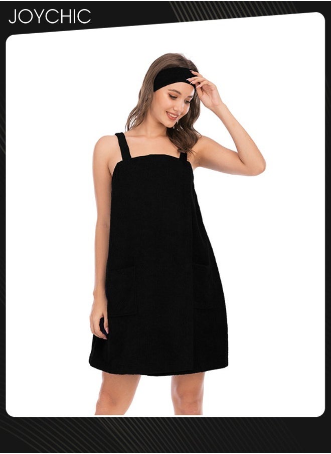 Women Solid Color Polyester Skin-friendly and Absorb- water Bathrobe Massage Stickers Suspenders Nightgown with Pockets for All Seasons Black