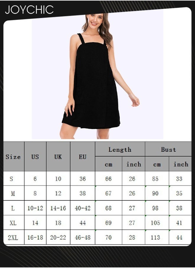 Women Solid Color Polyester Skin-friendly and Absorb- water Bathrobe Massage Stickers Suspenders Nightgown with Pockets for All Seasons Black