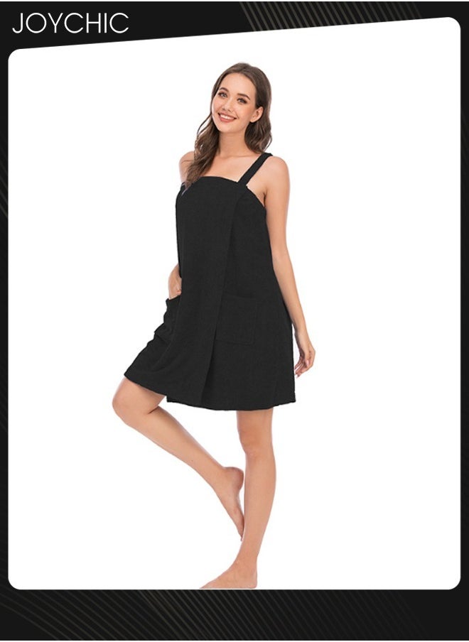 Women Solid Color Polyester Skin-friendly and Absorb- water Bathrobe Massage Stickers Suspenders Nightgown with Pockets for All Seasons Black