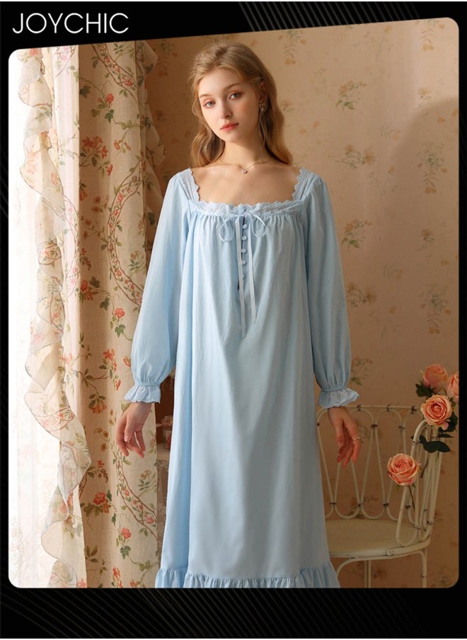 Retro French Sweet Princess Style Night Dress Long-sleeved Long Nightgown Spring Summer Autumn Cotton Breathable Sleepwear for Women Blue