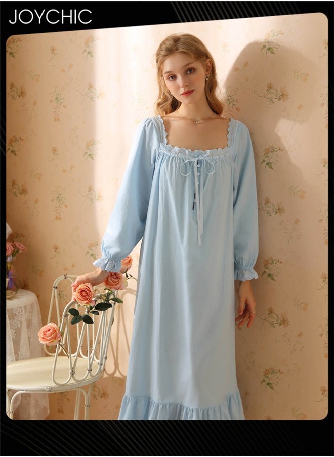 Retro French Sweet Princess Style Night Dress Long-sleeved Long Nightgown Spring Summer Autumn Cotton Breathable Sleepwear for Women Blue