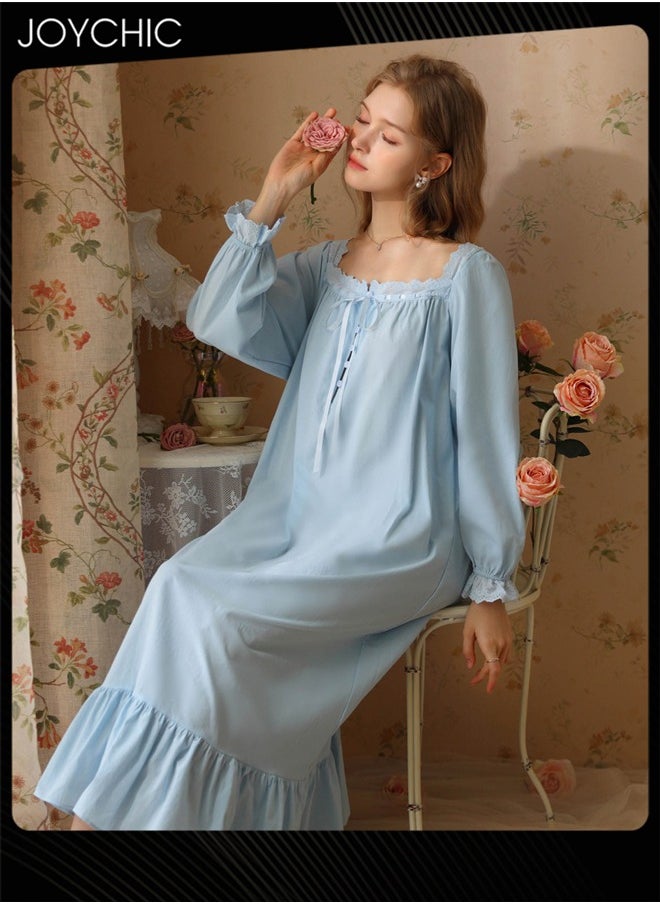 Retro French Sweet Princess Style Night Dress Long-sleeved Long Nightgown Spring Summer Autumn Cotton Breathable Sleepwear for Women Blue