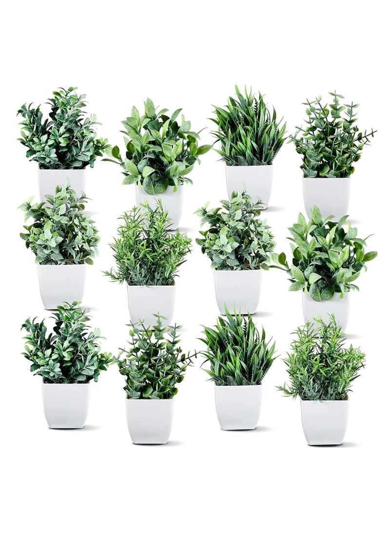 Artificial Potted Plants, Artificial Plastic Eucalyptus Plants Small Indoor Potted Houseplants, Small Faux Plants for Home Decor Bathroom Office Farmhouse (Set 0F 12)