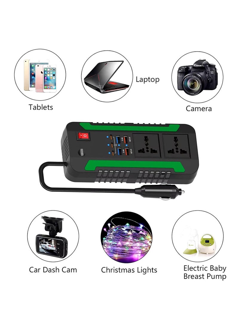 300W Vehicle Mounted Power Inverter with 2 (QC 3.0), 2 (3.4A USB-A) and 3 PD Ports, Green Lion GNSPI300WAT Spark Converter - Black & Green