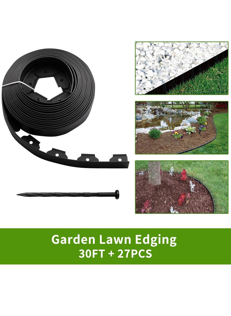 30FT Landscape Edging Border Kit No Dig Garden Edging Border Paver Edging 2 Inch Tall Border Lawn Edging Roll for Landscaping Lawn Flower Beds Grass Yard with 27 Anchoring Spikes Black