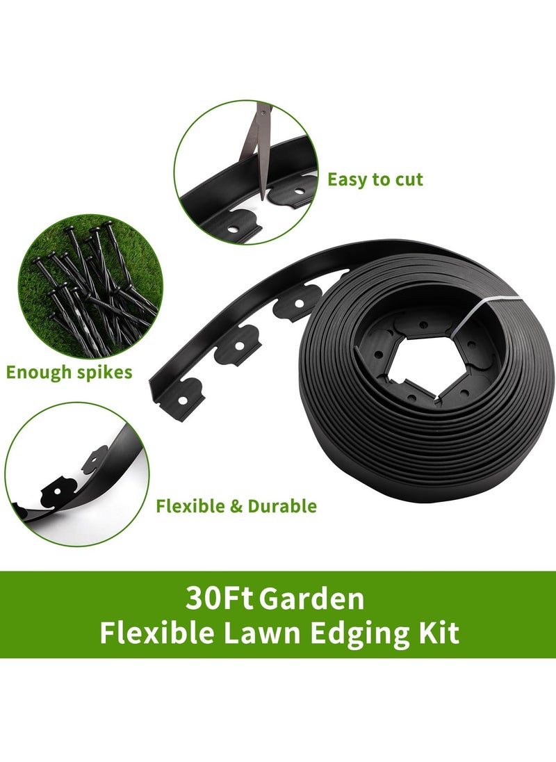 30FT Landscape Edging Border Kit No Dig Garden Edging Border Paver Edging 2 Inch Tall Border Lawn Edging Roll for Landscaping Lawn Flower Beds Grass Yard with 27 Anchoring Spikes Black