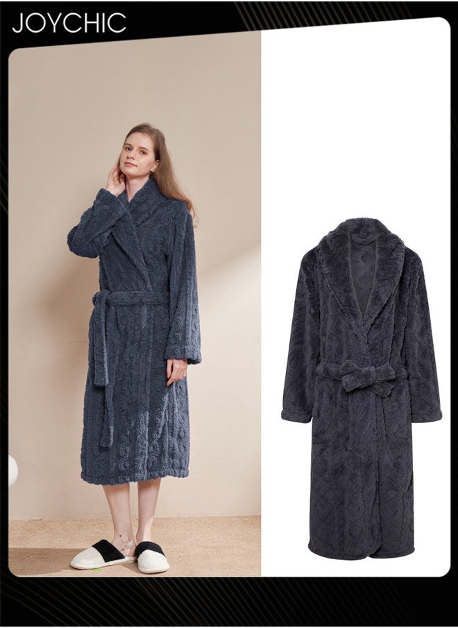 Autumn and Winter Jacquard Coral Velvet Thickened Warm Pajamas for Women Fashion Green Fruit Collar Long-Sleeved Skin-friendly Bedroom Sleep Robe with Pockets Dark Grey