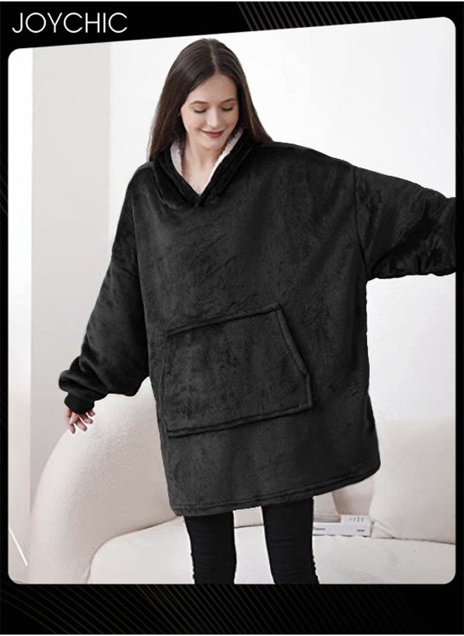 Solid Color Women Autumn and Winter Flannel Thickened Cold-proof Warm Hooded Pajamas Long-sleeved Comfortable Sleep Robe with Front Pockets Black One Size