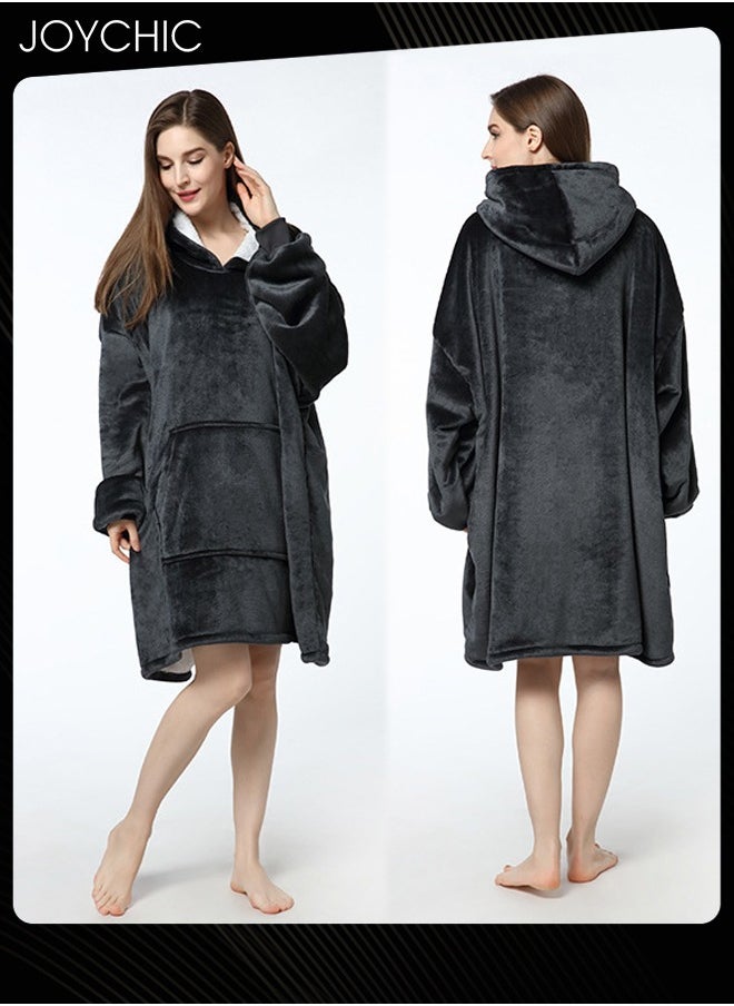 Solid Color Women Autumn and Winter Flannel Thickened Cold-proof Warm Hooded Pajamas Long-sleeved Comfortable Sleep Robe with Front Pockets Black One Size