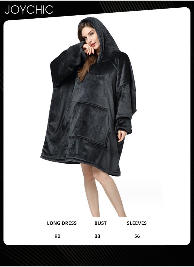 Solid Color Women Autumn and Winter Flannel Thickened Cold-proof Warm Hooded Pajamas Long-sleeved Comfortable Sleep Robe with Front Pockets Black One Size