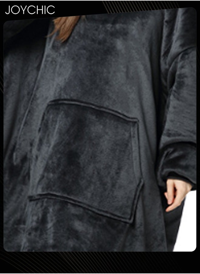 Solid Color Women Autumn and Winter Flannel Thickened Cold-proof Warm Hooded Pajamas Long-sleeved Comfortable Sleep Robe with Front Pockets Black One Size