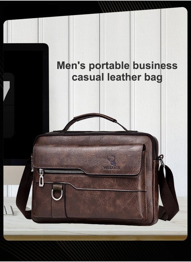 Men Retro Vertical Shoulder Bag Portable Business Leather Waterproof and Wear Resistant Handbag Crossbody Bag with Adjustable Straps for Work Office Dark Brown