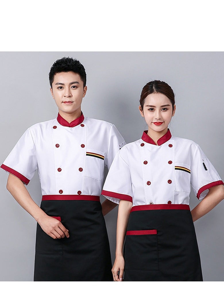 1Piece Chef Uniform Short Sleeve Double-Breasted Stand Collar Waiter T-shirt White and Red