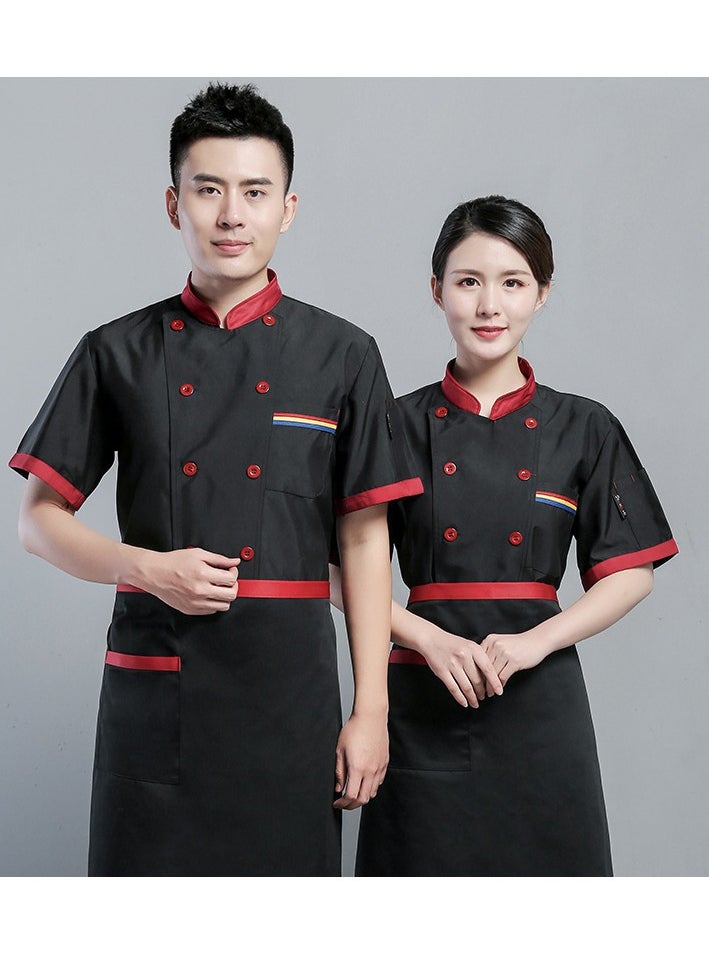 1 Set Chef Uniform and Chef Apron Short Sleeve Double-Breasted Stand Collar Waiter T-shirt Black