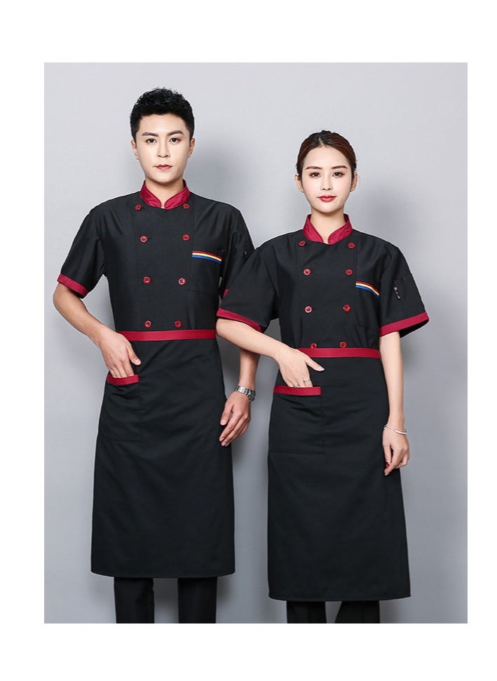 1 Set Chef Uniform and Chef Apron Short Sleeve Double-Breasted Stand Collar Waiter T-shirt Black