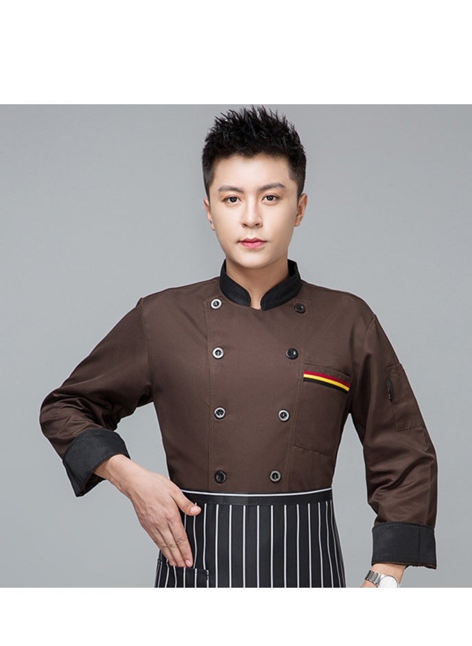 Chef Uniform Long Sleeve Double-Breasted Stand Collar Waiter T-shirt Brown