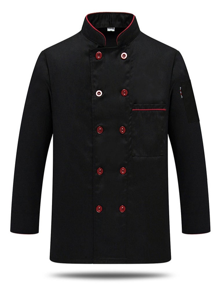 Long Sleeve Double-Breasted Stand Collar Chef Uniform Waiter T-shirt Black