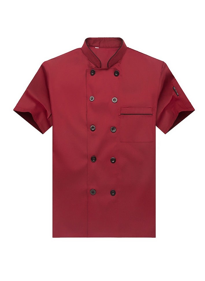 Summer Short Sleeve Chef Uniform Double-Breasted Stand Collar Waiter T-shirt Red