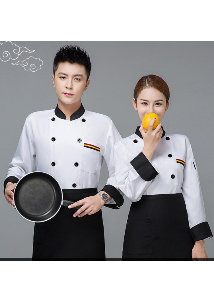 Chef Uniform Long Sleeve Double-Breasted Stand Collar Waiter T-shirt White and Black