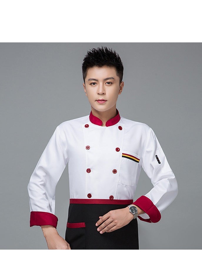 Chef Uniform Long Sleeve Double-Breasted Stand Collar Waiter T-shirt White and Red