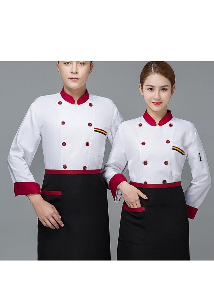 Chef Uniform Long Sleeve Double-Breasted Stand Collar Waiter T-shirt White and Red