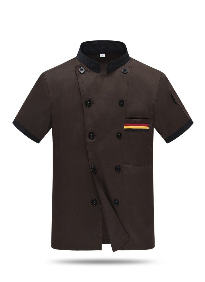 Chef Uniform Short Sleeve Double-Breasted Stand Collar Waiter T-shirt Brown