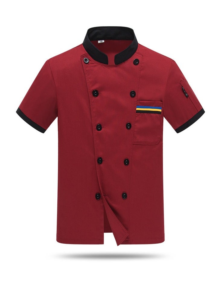 Chef Uniform Short Sleeve Double-Breasted Stand Collar Waiter T-shirt Red