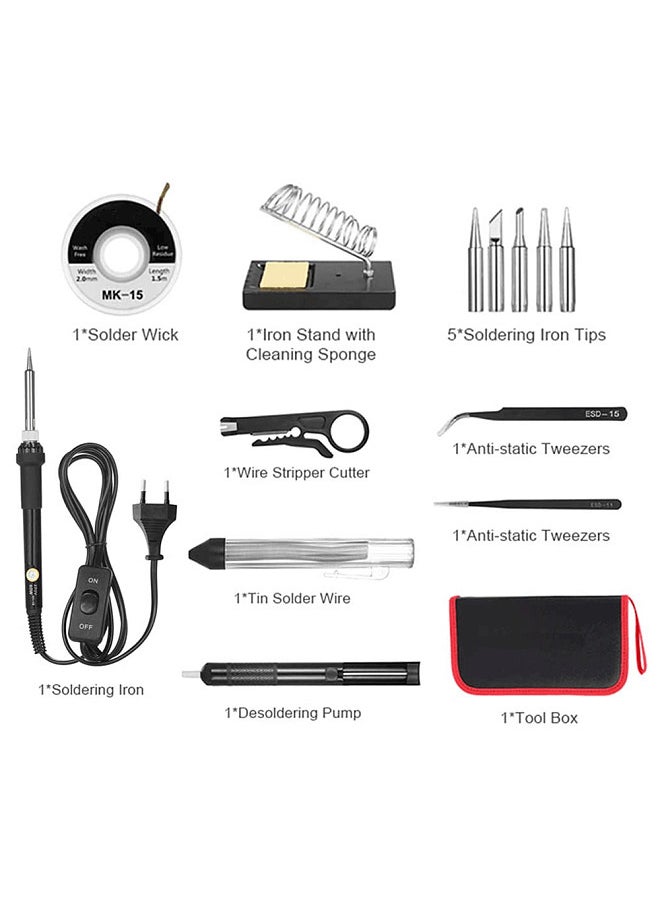 14 in 1 Soldering Iron Kit 60W Adjustable Temperature Welding Soldering Iron with Soldering Tips Solder Sucker Desoldering Wick Solder Wire Anti-static Tweezers Iron Stand