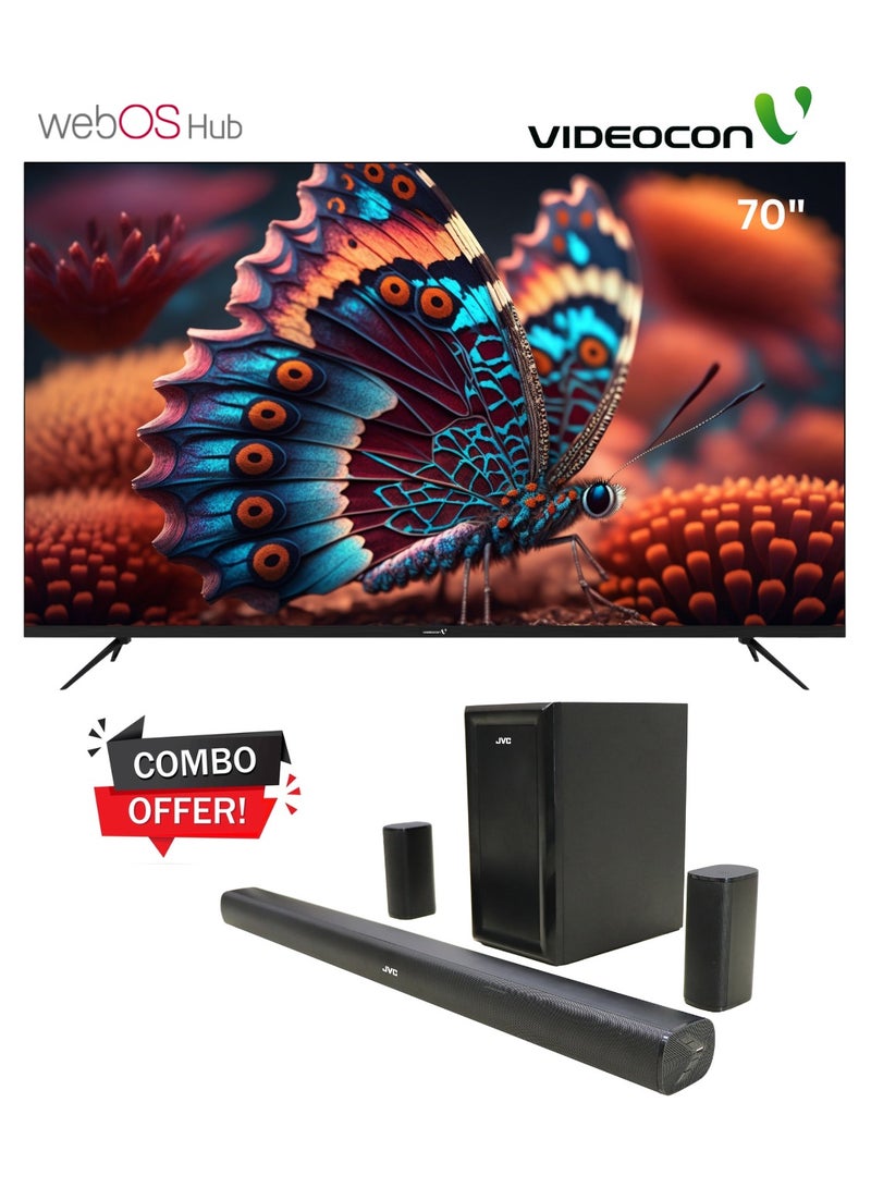 70 Inch Edgeless 4K UHD WebOs Smart TV A+ Grade Panel With Magic Remote + 5.1 CH Soundbar With Wireless Subwoofer Combo E70ELWO1100+TH-N430B Black