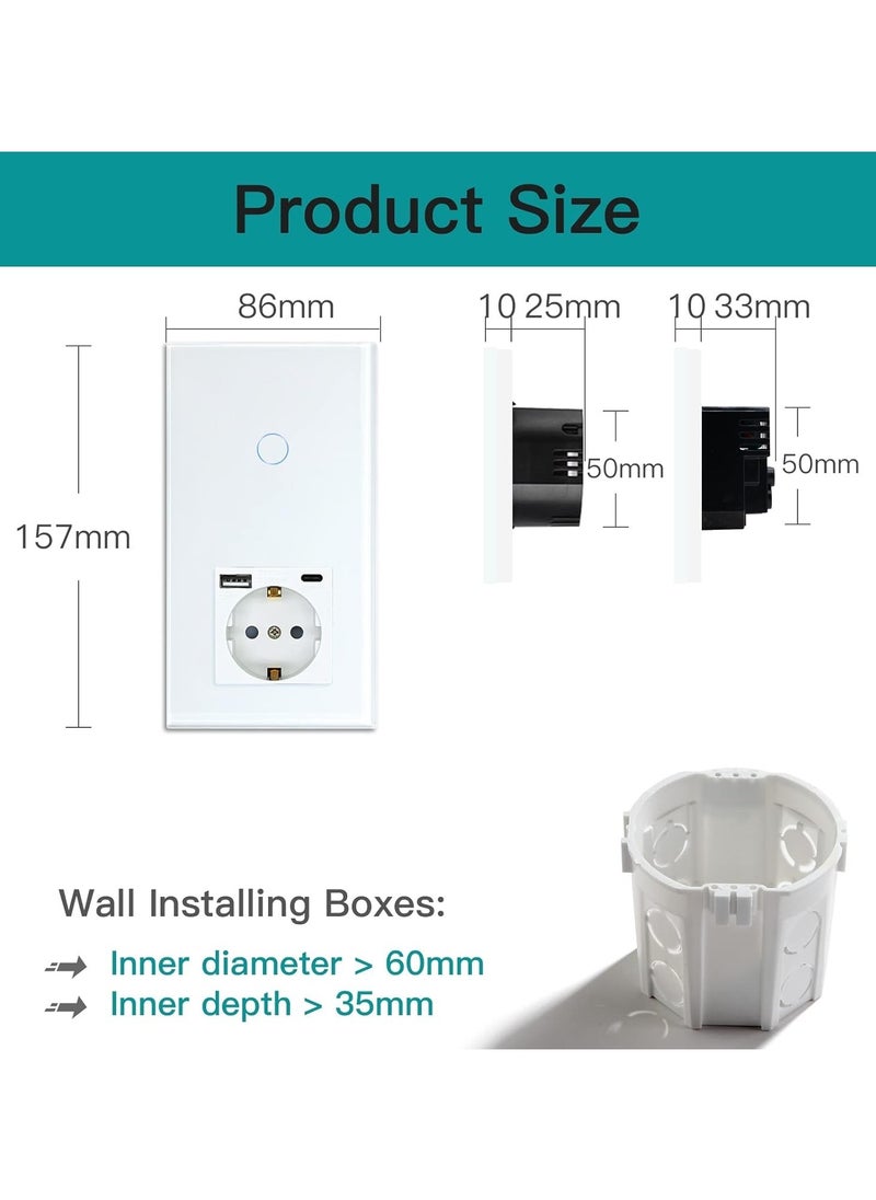 Normal Schuko Socket with Smart Alexa WiFi Glass Touch Switch, 3-in-1 USB + Type-C, 1 Gang 1-Way WiFi Touch Sensor Wall Switch Works with Google Home, White (Neutral Conductor Required)