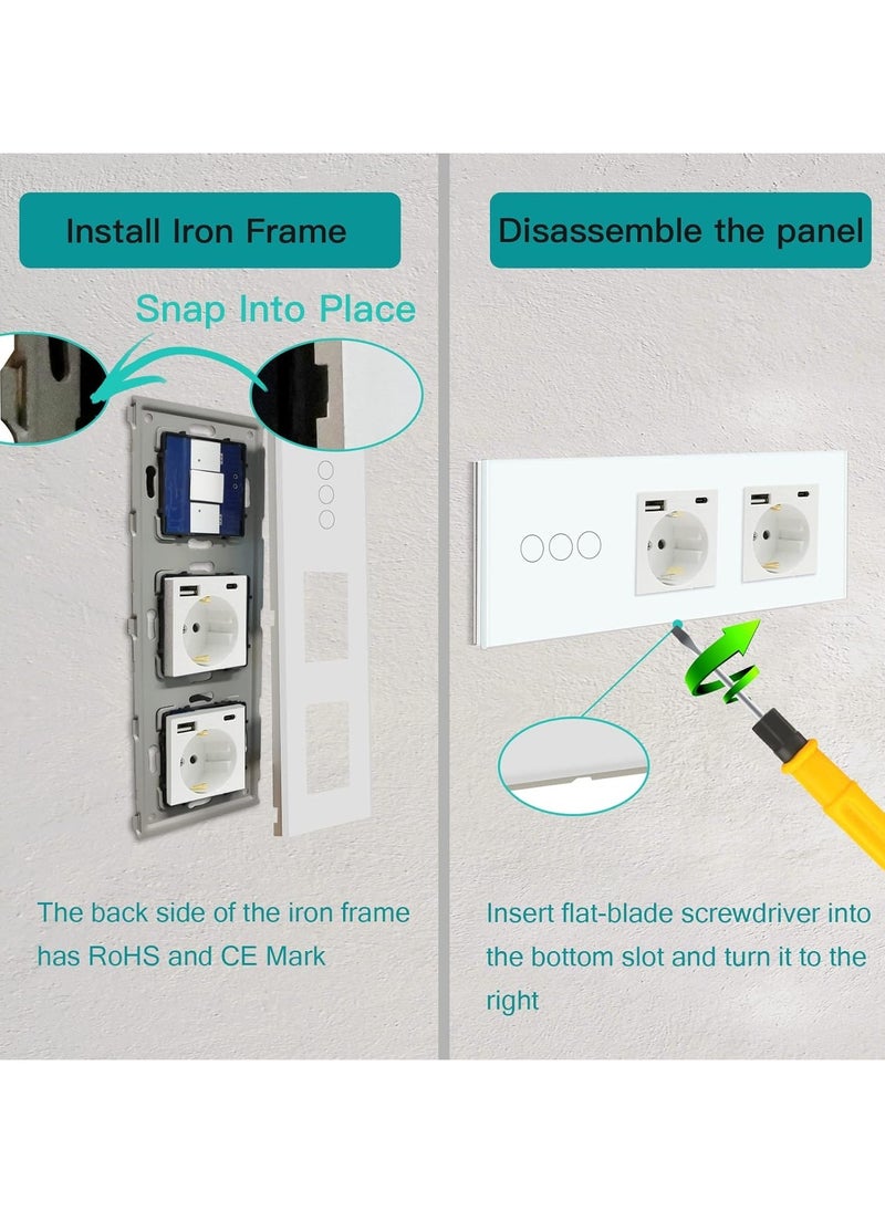 3-in-1 Socket with 2.1A USB Charging, Type-C Adapter, and Triple 1-Way Smart Alexa Glass WiFi Touch Light Switch Neutral Conductor Required, Tuya/Google Home Compatible