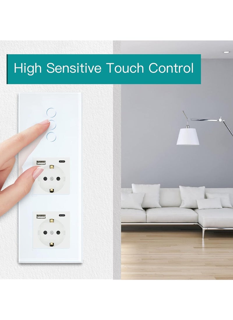 3-in-1 Socket with 2.1A USB Charging, Type-C Adapter, and Triple 1-Way Smart Alexa Glass WiFi Touch Light Switch Neutral Conductor Required, Tuya/Google Home Compatible