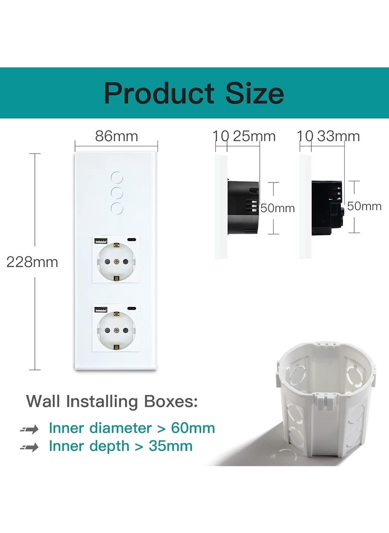 3-in-1 Socket with 2.1A USB Charging, Type-C Adapter, and Triple 1-Way Smart Alexa Glass WiFi Touch Light Switch Neutral Conductor Required, Tuya/Google Home Compatible