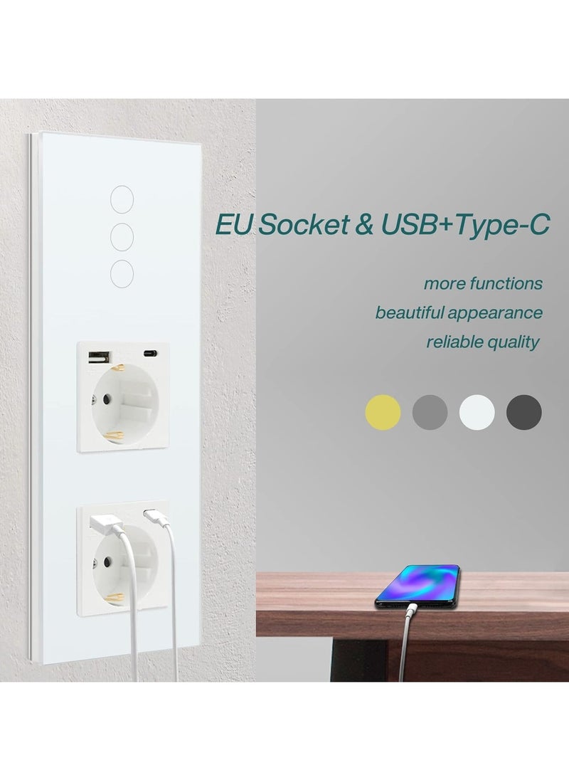 3-in-1 Socket with 2.1A USB Charging, Type-C Adapter, and Triple 1-Way Smart Alexa Glass WiFi Touch Light Switch Neutral Conductor Required, Tuya/Google Home Compatible