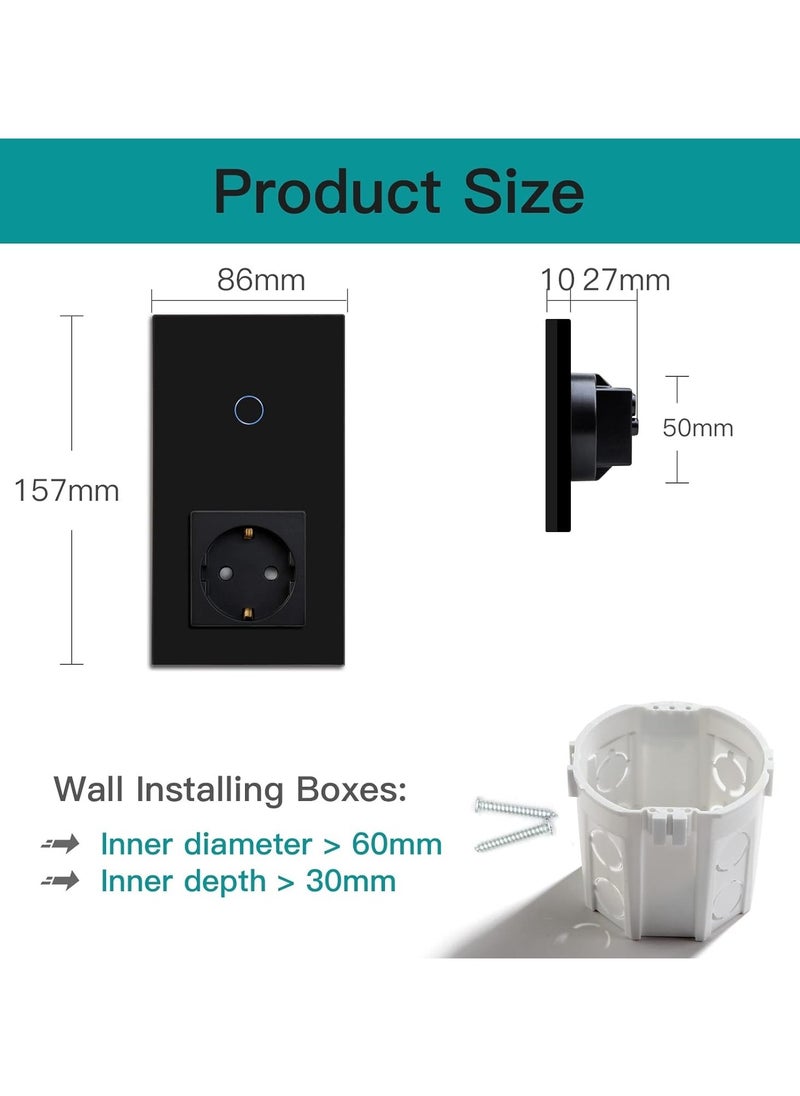 Normal Schuko Socket with Smart Alexa Glass WiFi Touch Light Switch, 16A, Single 1-Way Wall Switch Compatible with Alexa and Google Home, Neutral Conductor Required, Black