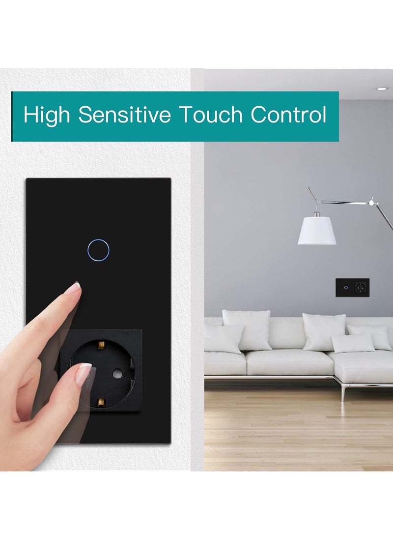 Normal Schuko Socket with Smart Alexa Glass WiFi Touch Light Switch, 16A, Single 1-Way Wall Switch Compatible with Alexa and Google Home, Neutral Conductor Required, Black