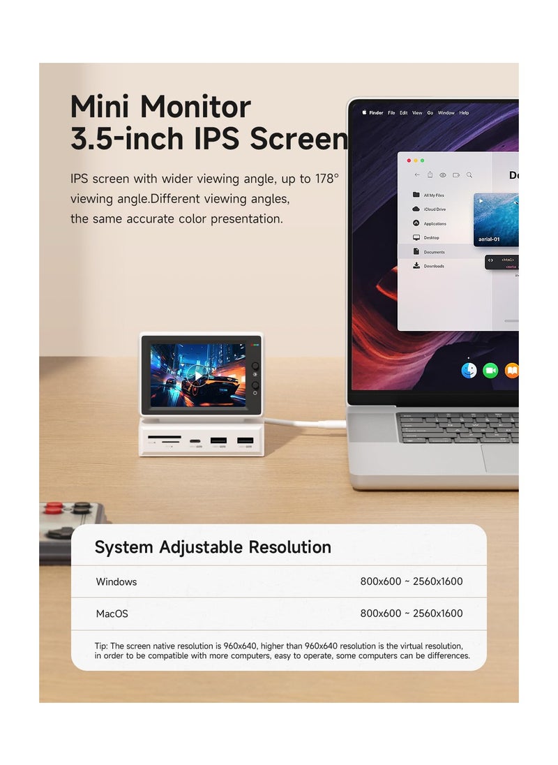 3.5inch USB Mini Screen, (960x640) Sub Monitor IPS Display Hub USB-C Monitor HDMI Mini Monitor RAM Data Display Monitor Temperature Electronic Album Floating Lyrics Display Sub Screen for Laptop PC