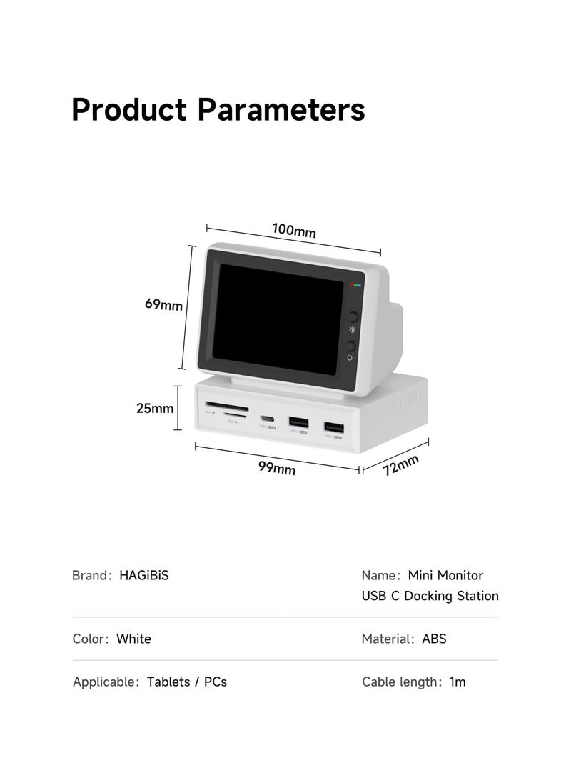 3.5inch USB Mini Screen, (960x640) Sub Monitor IPS Display Hub USB-C Monitor HDMI Mini Monitor RAM Data Display Monitor Temperature Electronic Album Floating Lyrics Display Sub Screen for Laptop PC