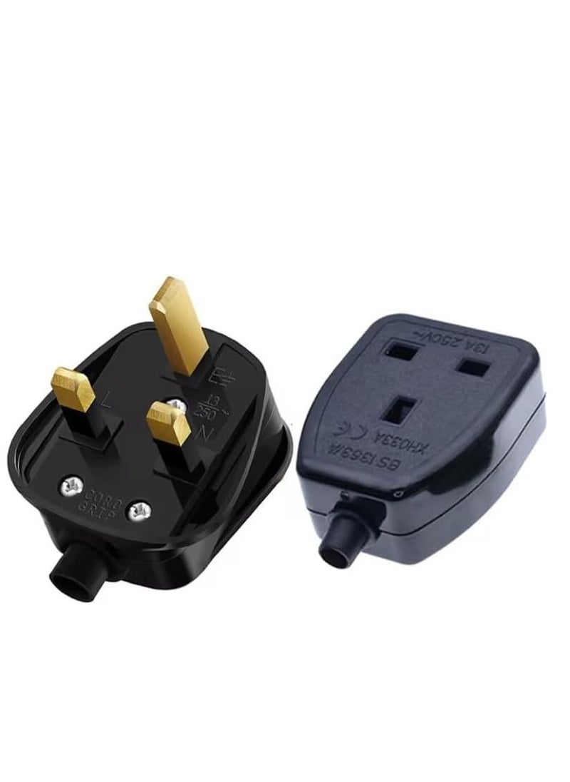 DKURVE® 3Pin UK Plug Fuse Socket 13A 250V Power Adaptor Plug Male Socket Female Black used for customization of desktop power cable UK Mains Lead for PC Computer TV Monitor Printer etc.