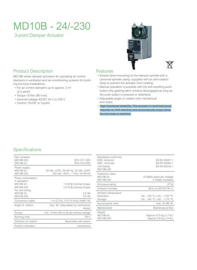 Schneider Actuator MD MD10B  24/230 On/Off or 3 point 24 V AC/230 V AC Damper Actuator 10 Nm Specification Sheet MD10B-24