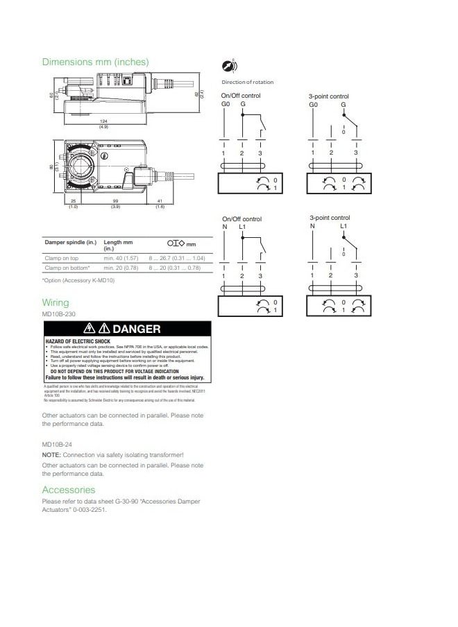 Schneider Actuator MD MD10B  24/230 On/Off or 3 point 24 V AC/230 V AC Damper Actuator 10 Nm Specification Sheet MD10B-24