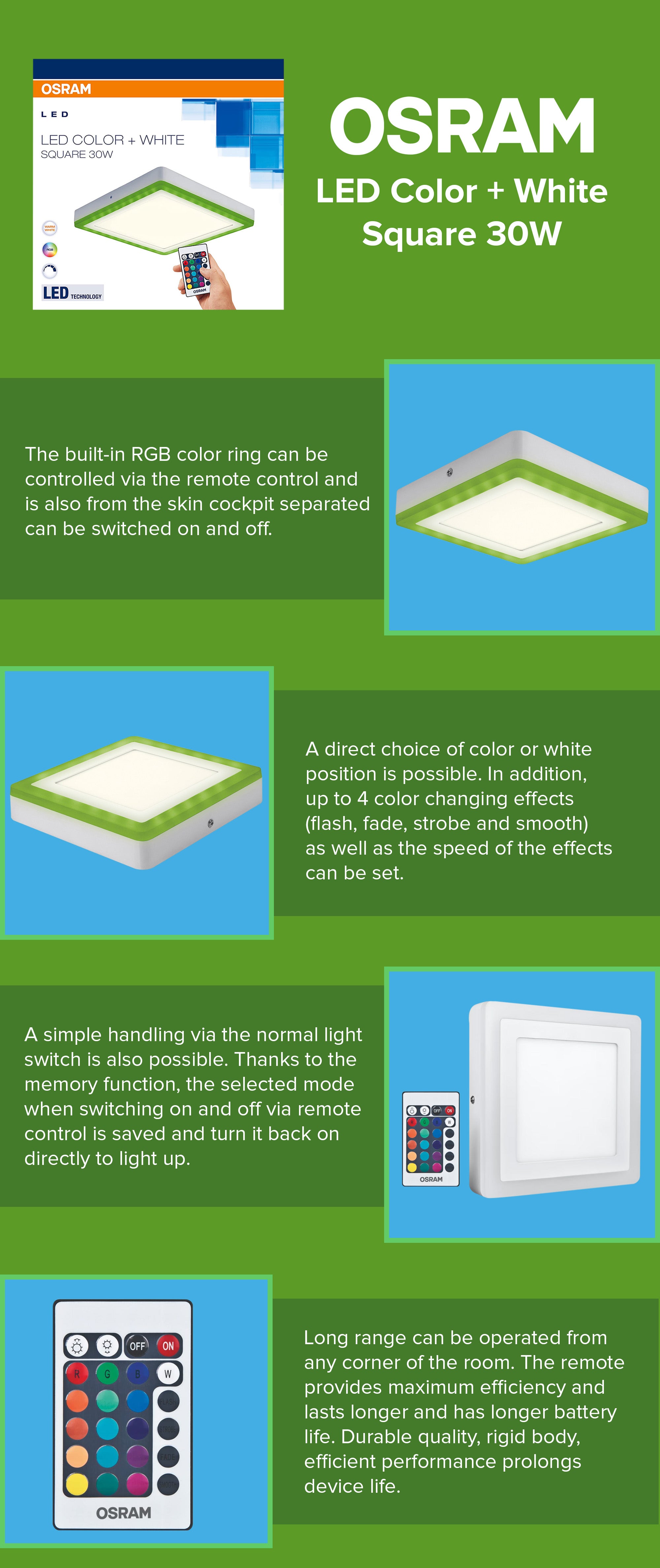 Osram Led Kids Room Wall And Ceiling square Light, Color Changing Led Light Remote Control White