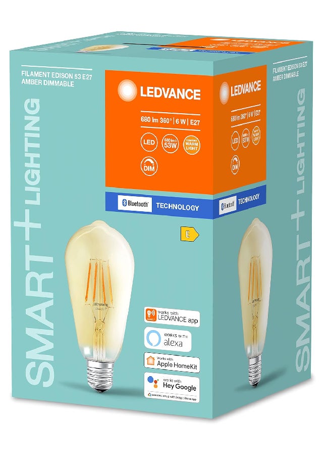 Ledvance Led Lamp, Base: E27, Warm White, 2500 K, 5.50 W, Replacement For 45 W Incandescent Bulb, Smart+ Filament Edison Dimmable Energy Efficiency Class White